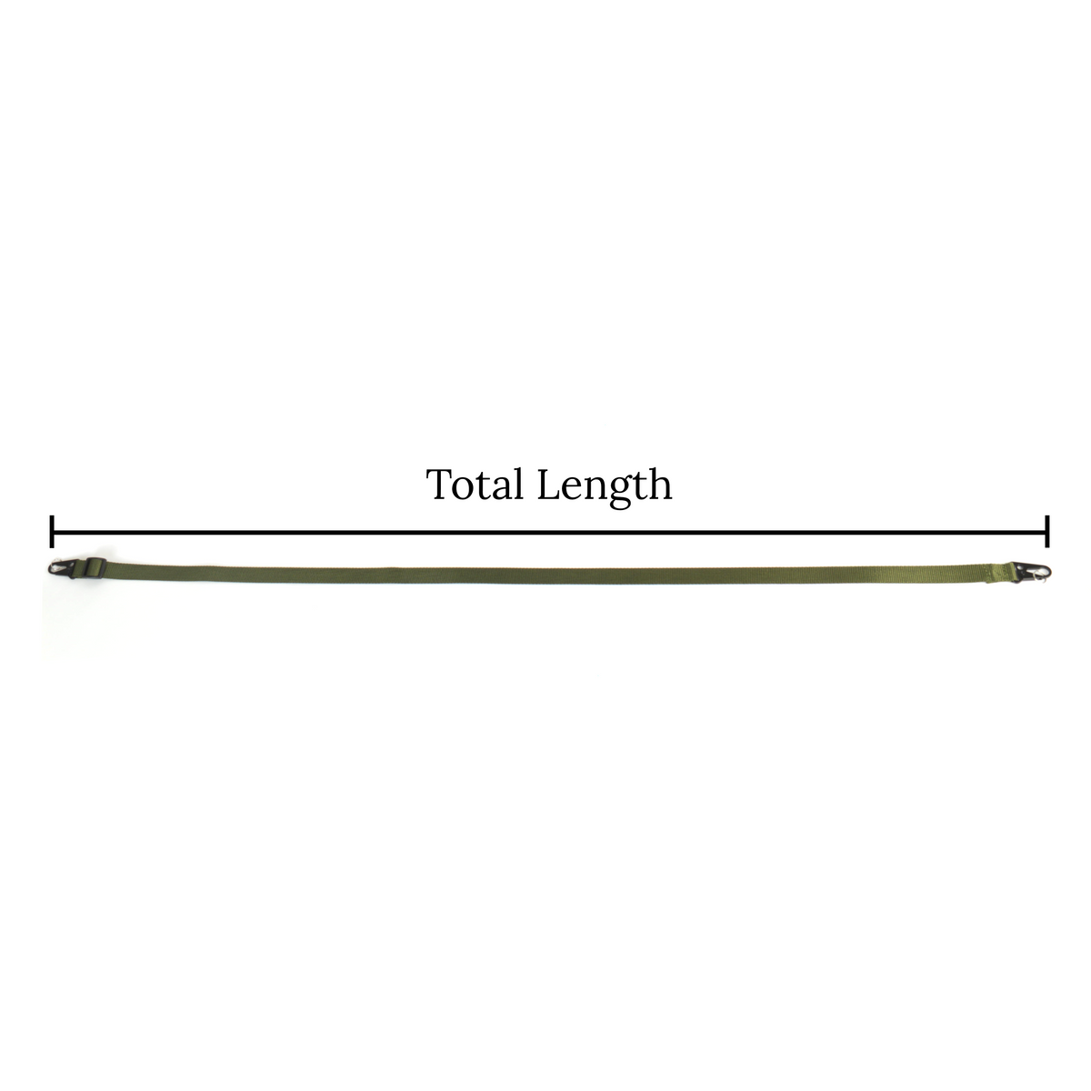 An olive green webbing strap laid horizontally on a white background, with a black measurement line above it labeled 'Total Length' to indicate the product's span.