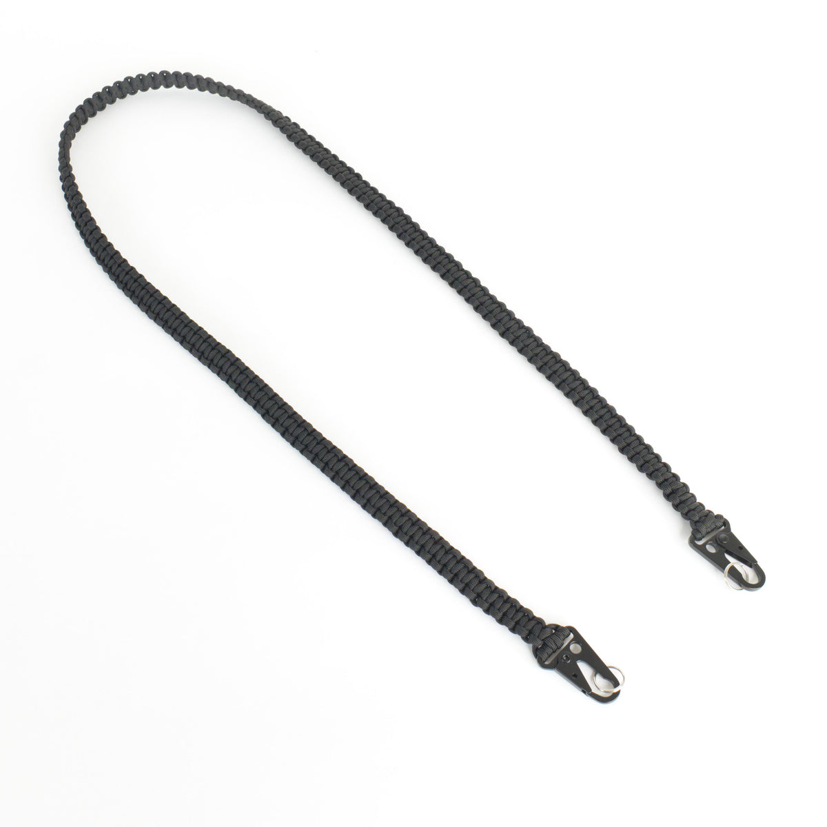 A black braided paracord strap with metal HK clips on both ends, displayed on a clean white background.
