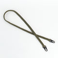 An olive green paracord shoulder strap with black metal snap hooks on both ends, laid out on a clean white background.